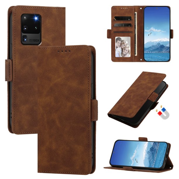 Funda Billetera Delgada para Samsung Galaxy S21 Ultra con Ranuras y Soporte Marrón