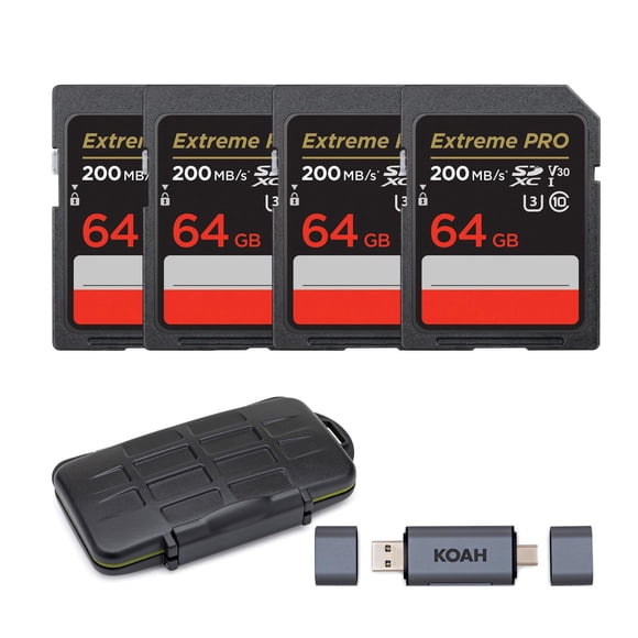 Paquete de 4 Tarjetas de Memoria SDXC Extreme PRO UHS-I de 64GB y 200MB/s con Estuche Resistente para Almacenamiento y Lector de Tarjetas SD Dual 2 en 1 de Aluminio (6 Artículos)
