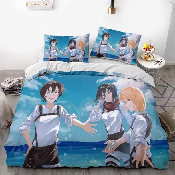 At-tack -on Gia-nt Anime Soft- -3D Prin-ted Du-vet Cove-r Bedding Se-t with Comforte-r Cover 3- Piece Set