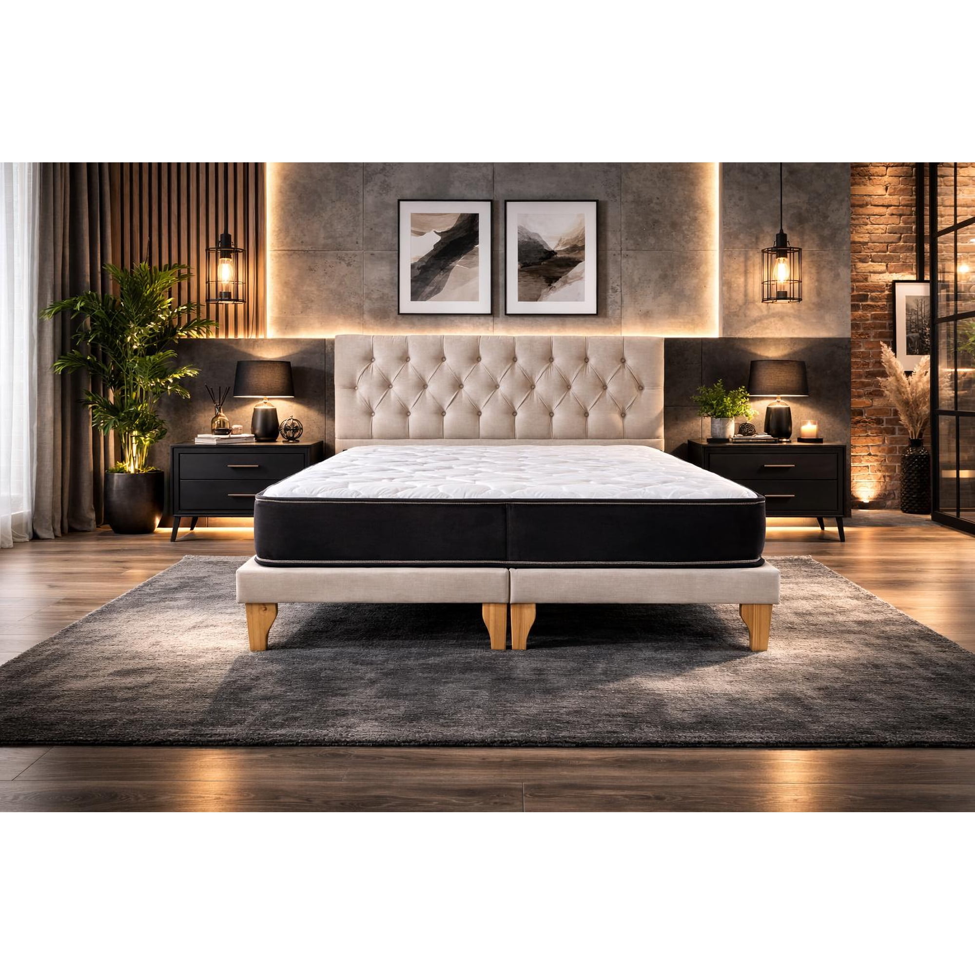 Genérico - Cama Europea 2 Plazas Base Dividida Respaldo Capitone Lino Beige Completa
