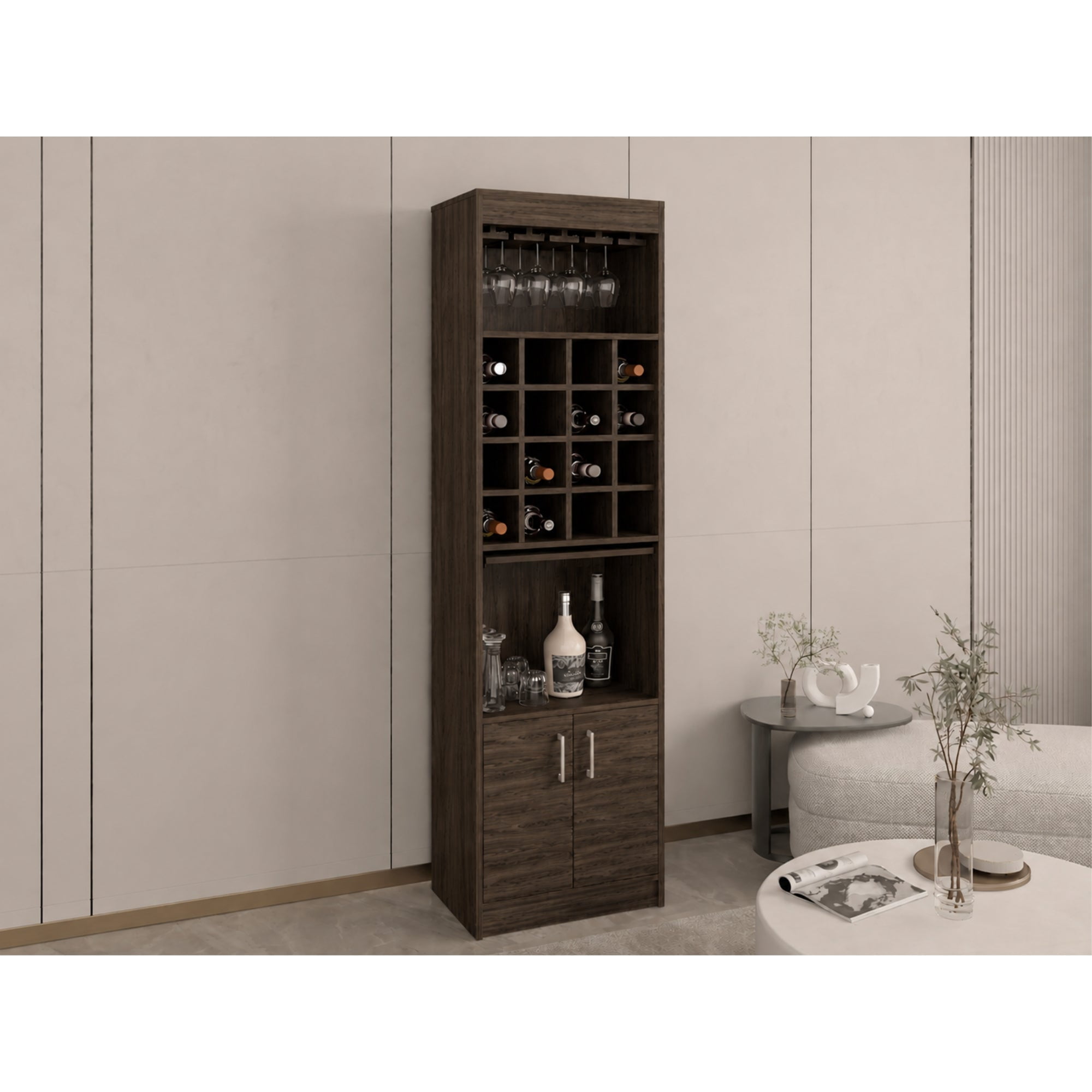 Tuhome - Bar Alto Kava Beijing 16 Botelleros Con Portacopas Y Repisa Extraible 180,6x51x34 Cm