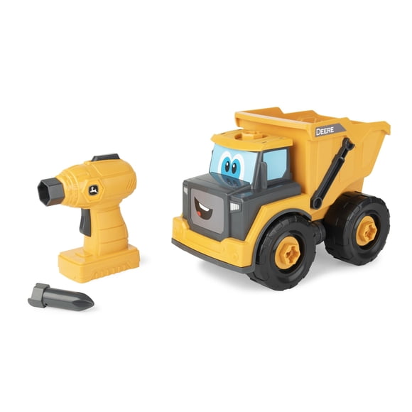 Volquete de juguete Build-A-Buddy John Deere con taladro de juguete amarillo