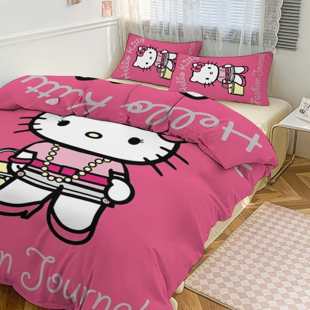 Cartoon Hello Kitty Comforter Handbags Necklace 3-Piece Bed Sheets Warm Kawaii Bedding Set Cute Soft Bedclothes for Boys Girls Kids Twin