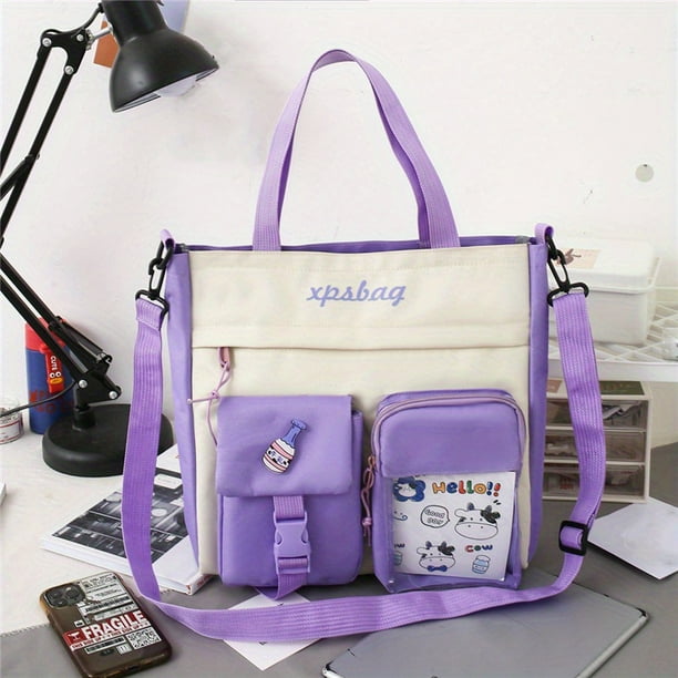 Preppy Style Crossbody Bag, Pockets Front Shoulder Bag, Casual Nylon Student School Bag