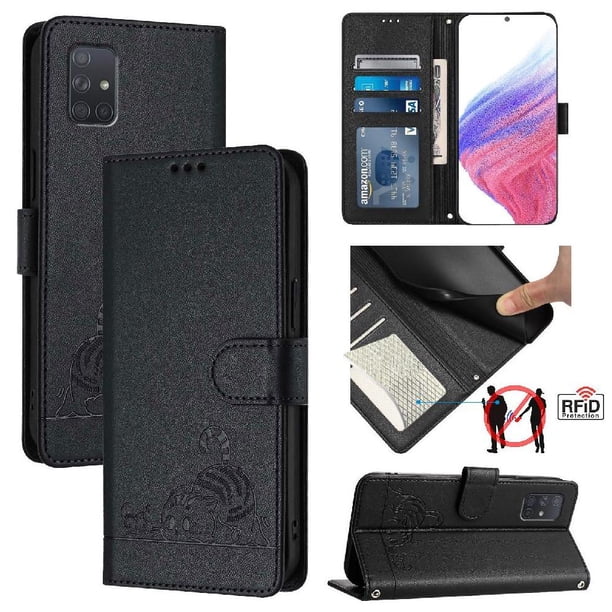 Funda tipo cartera FOXDOCK para Samsung Galaxy A71 5G con soporte, ranuras, RFID, diseño de gato