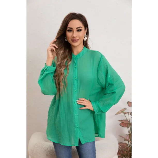 Blusa Mujer Lino Algodón Premium Liviana manga Larga Cuello Mao 8055