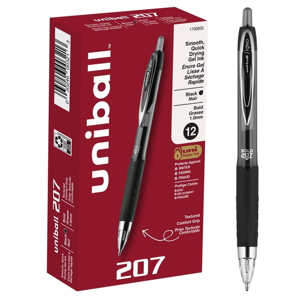 Bolígrafos de gel Uni-ball 207 retráctiles con punta en negrita de 1 mm, color negro x12