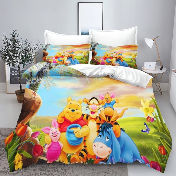 Winnie the Pooh Anime Duvet Cover Set Comforte Printed Cartoon Twin Size Bedding Sets Christmas Gifts 3-piece