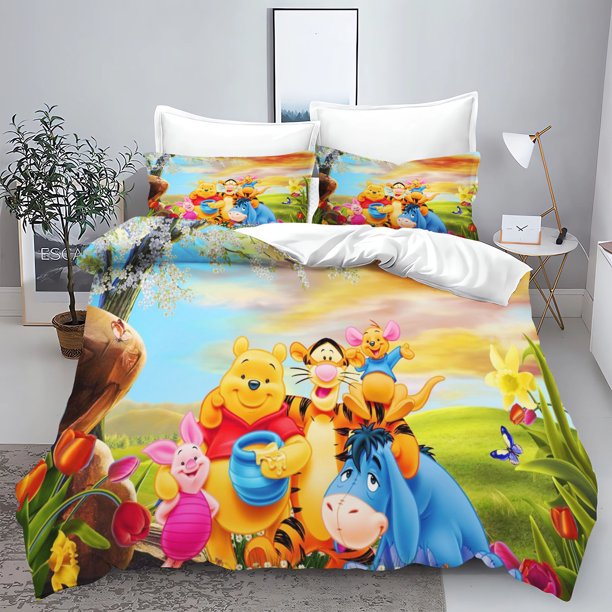 Winnie the Pooh Anime Duvet Cover Set Comforte Printed Cartoon Twin Size Bedding Sets Christmas Gifts 3-piece
