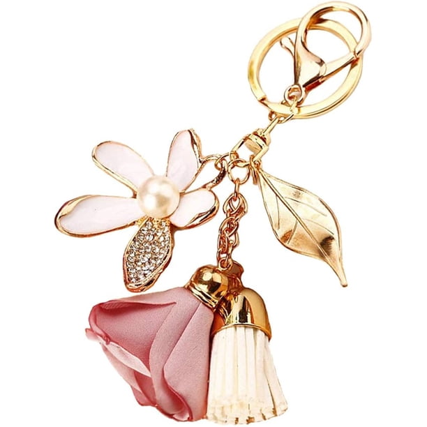 Llavero con forma de flor y borla de diamantes de imitación para mujer, llavero con forma de hoja, colgante para cartera o bolso.
