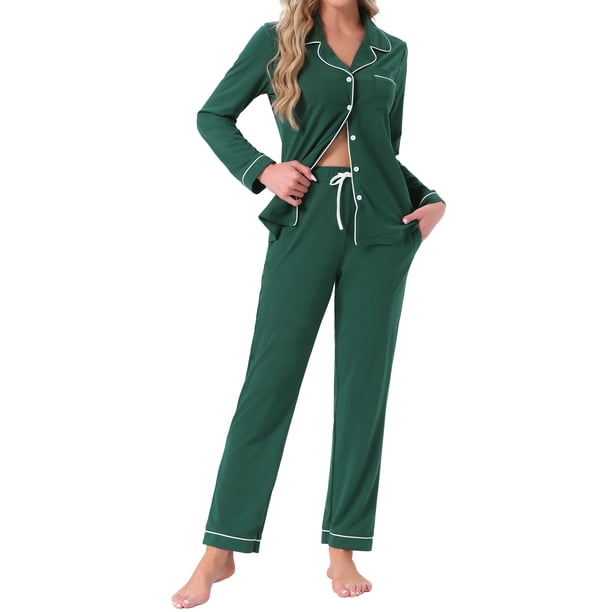 INSPIRE CHIC Conjunto de Pijamas para Mujer Manga Larga Abotonado Cuello con Muesca Ropa de Descanso y Pantalones con Cordón y Bolsillos XX-Large Verde Oscuro