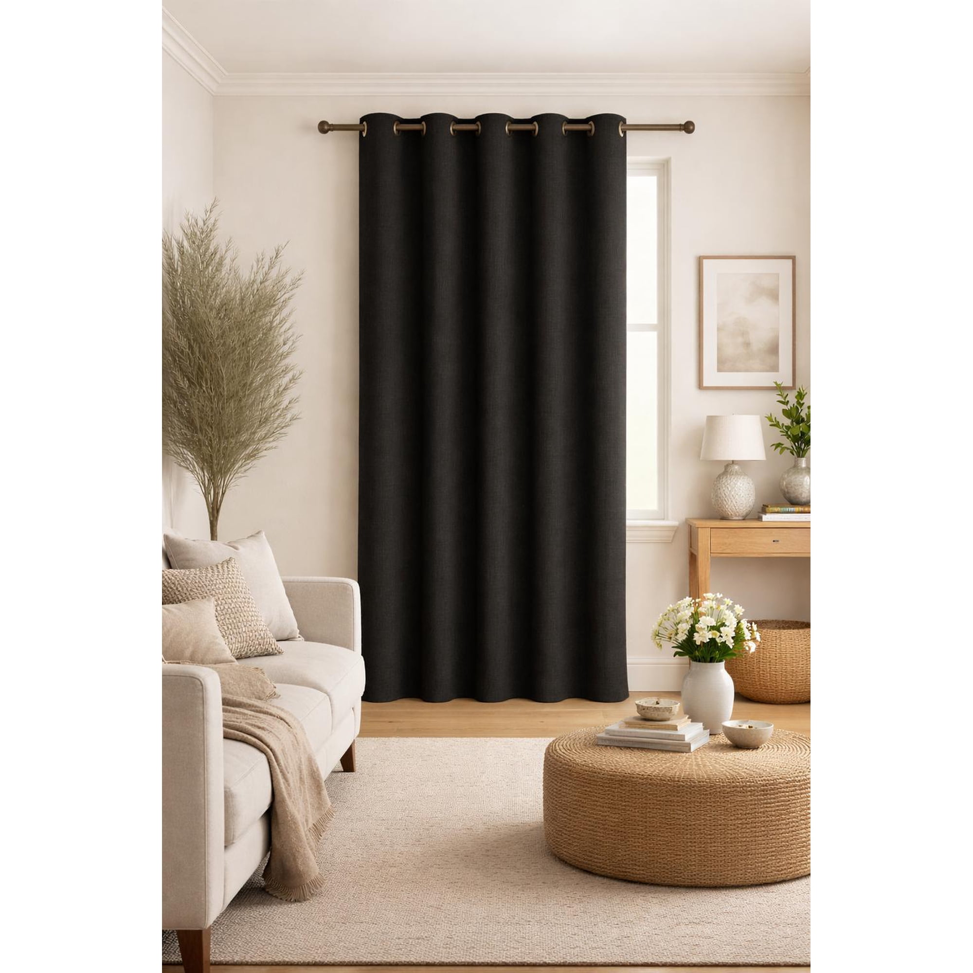 Clems - Cortina De Tela Tipo Lino 100% Blackout Engomada 1 Paño Negro