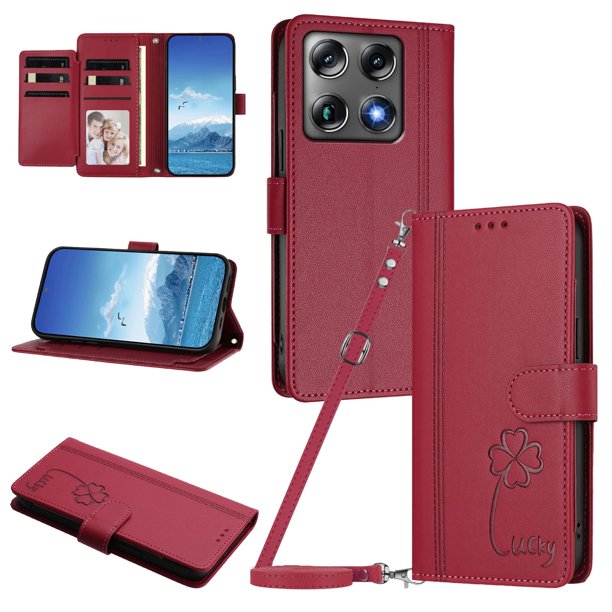 Funda Cartera Trébol para Motorola Edge 70 Ultra 5G con Ranuras Tarjetas y Carga Inalámbrica Rojo