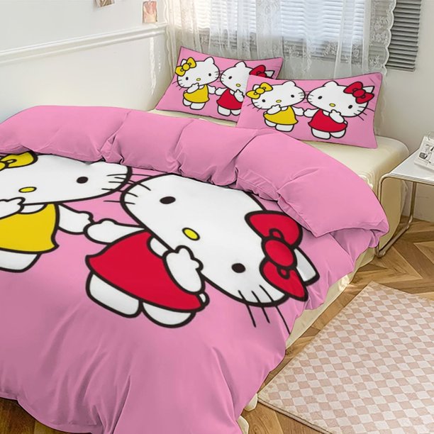 Cartoon Hello Kitty Comforter Take A Walk 3-Piece Bed Sheets Warm Kawaii Bedding Set Cute Soft Bedclothes for Boys Girls Kids Twin
