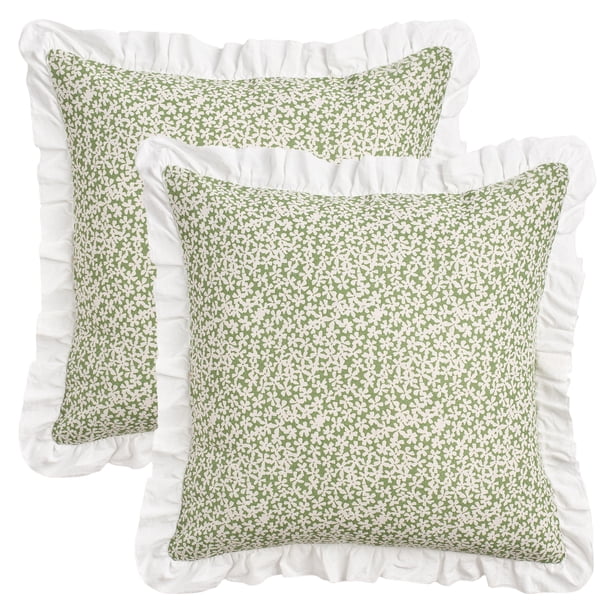 REGALWOVEN Juego de 2 fundas de almohada con estampado de hojas y ribete con volantes, fundas de cojín bohemias para decoración de hogar estilo rústico verde 18" x 18"