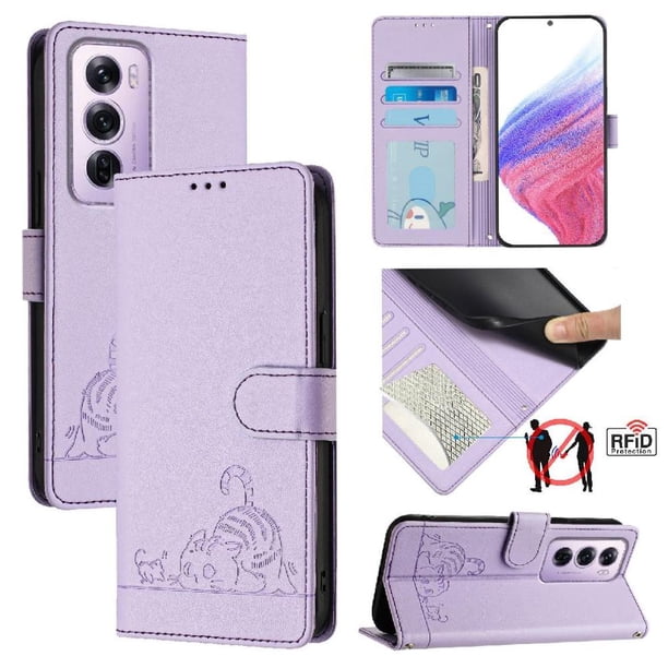 Funda tipo cartera FOXDOCK para oppo Reno 12 pro con soporte, ranuras, RFID, diseño de gato