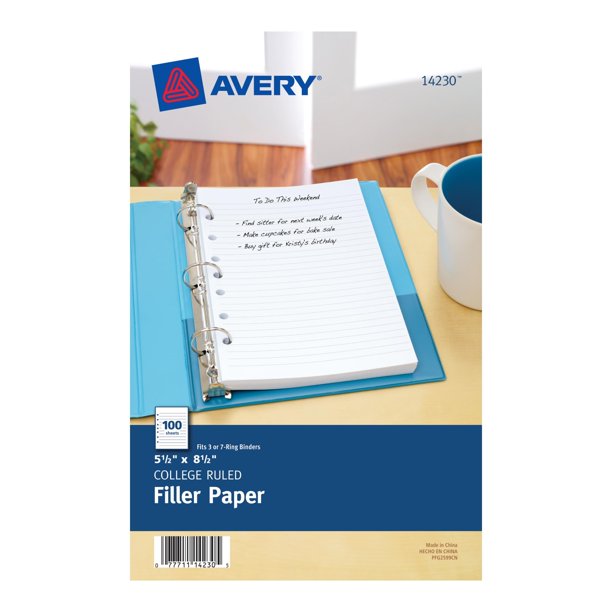 Carpeta pequeña de papel Filler Paper Avery, 5,5 x 8,5 cm, 100 hojas con rayas universitarias