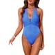thumbnail image 1 of INSPIRE CHIC Traje de baño de una pieza para mujer con hebilla de metal, monokini con recortes, cuello halter, acanalado, escote en V profundo, push up, control de abdomen, azul real, talla pequeña, 1 of 5