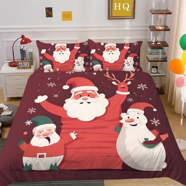 Christmas Gifts Santa Claus Kids Quilt Duvet Cover Set Doona Cover3-Piece Bedding Set