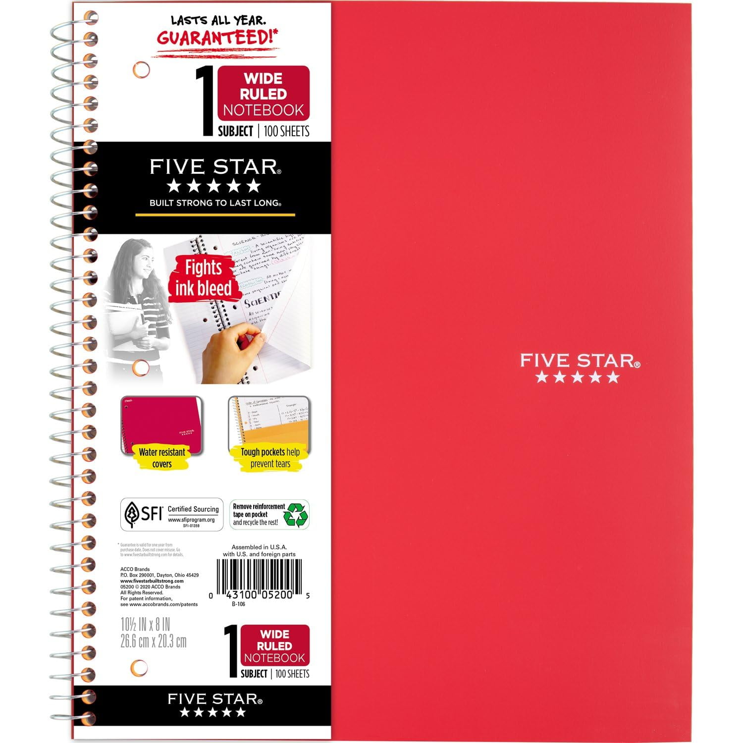 Cuaderno Five Star De 1 Materia, Rayado Ancho, 26.6 X 20.3 Cm, 100 Hojas