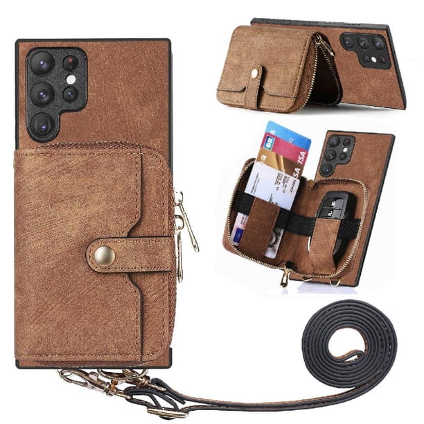 Funda Tipo Cartera con Correa Cruzada para Samsung Galaxy S23 Ultra Protección Contra Golpes Marrón