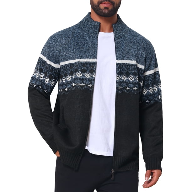 Suéter de punto con cremallera y patrón de manga larga y cuello alto para hombre L azul oscuro