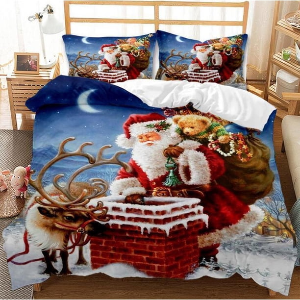 Christmas Tree Santa Quilt Duvet Cover Set Pillowcase Doona Cover3-Piece Bedding Set