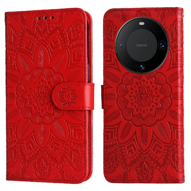 Funda tipo cartera FOXDOCK para Huawei Mate 60 Pro , diseño girasol en relieve, cuero PU, cierre magnético, soporte y tarjetero