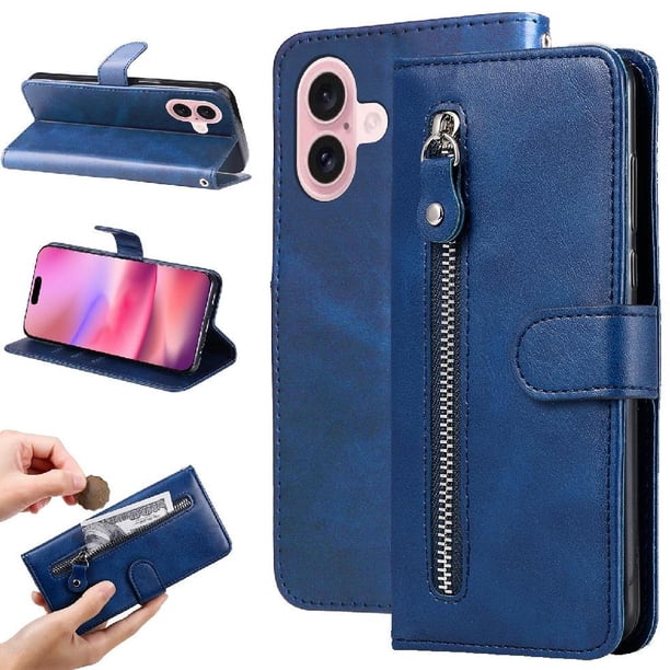 Funda con Cremallera para iPhone 16 Plus, Carcasa Cartera de Cuero PU con Soporte y Tarjetero