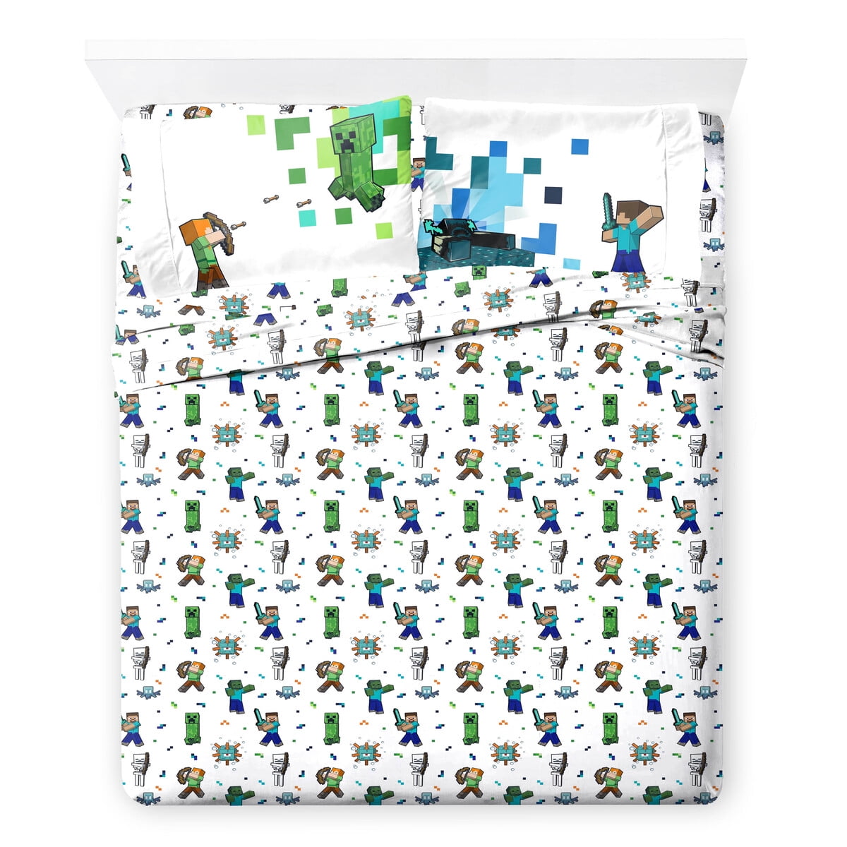Juego Sábanas Minecraft 4 Piezas Microfibra Full Blanco