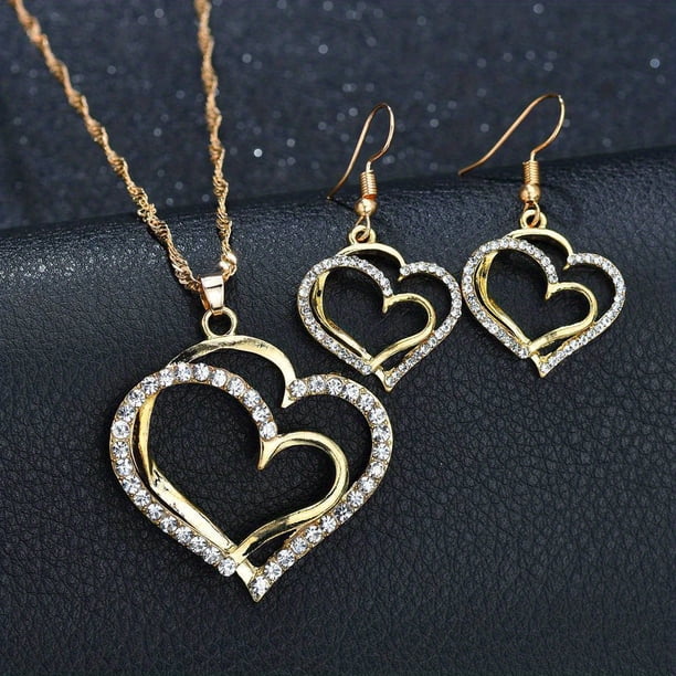 Vintage Style Double Hollow Love Heart Jewelry Set with Pendant Necklace, Earrings, Bracelet & Zircon Inlay