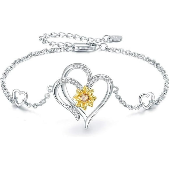 Pulsera Brazalete Plata 925 Girasol Doble Corazon Mujer plateado Talla única
