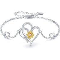 Luminara - Pulsera Brazalete Plata 925 Girasol Doble Corazon Mujer Plateado Talla Única
