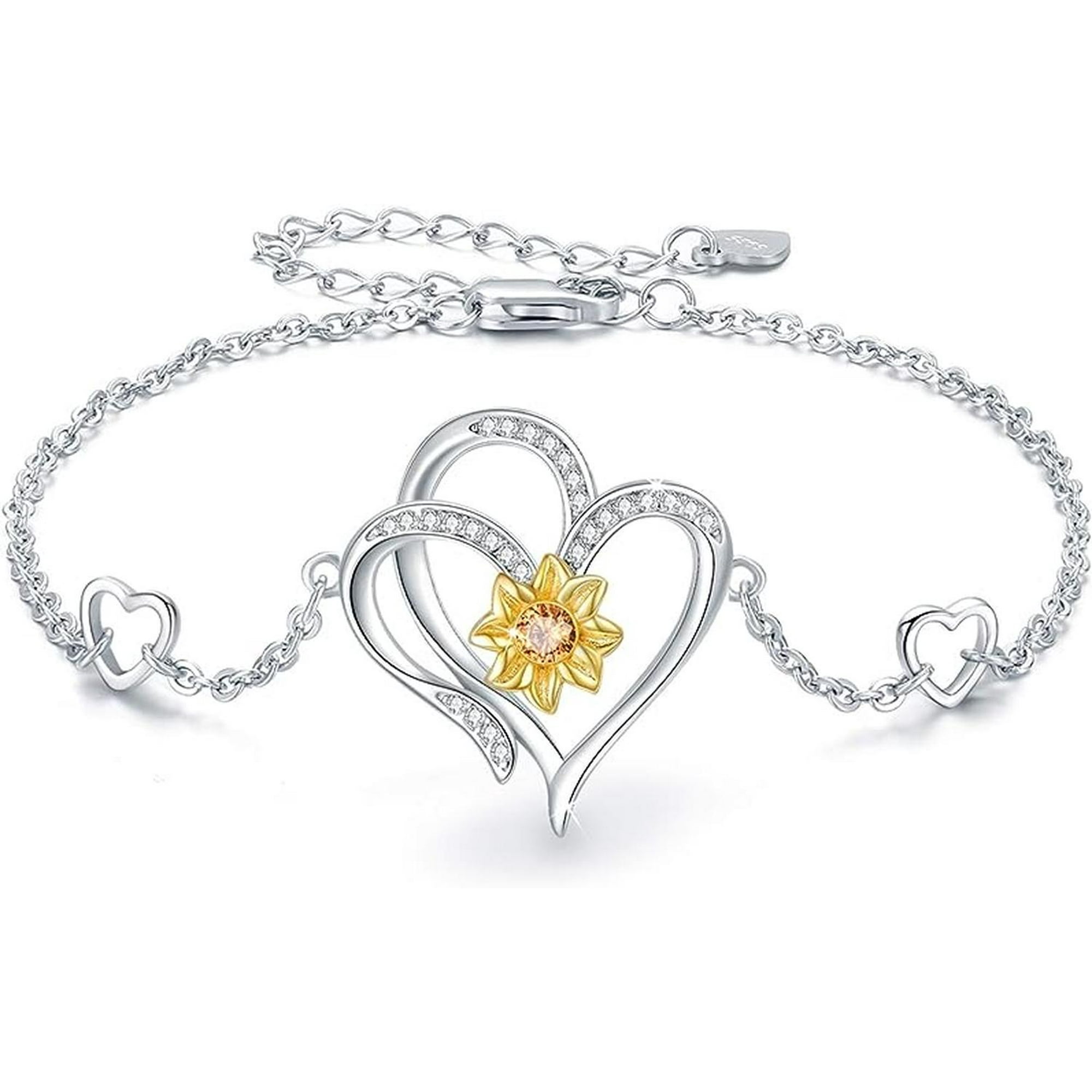Luminara - Pulsera Brazalete Plata 925 Girasol Doble Corazon Mujer Plateado Talla Única
