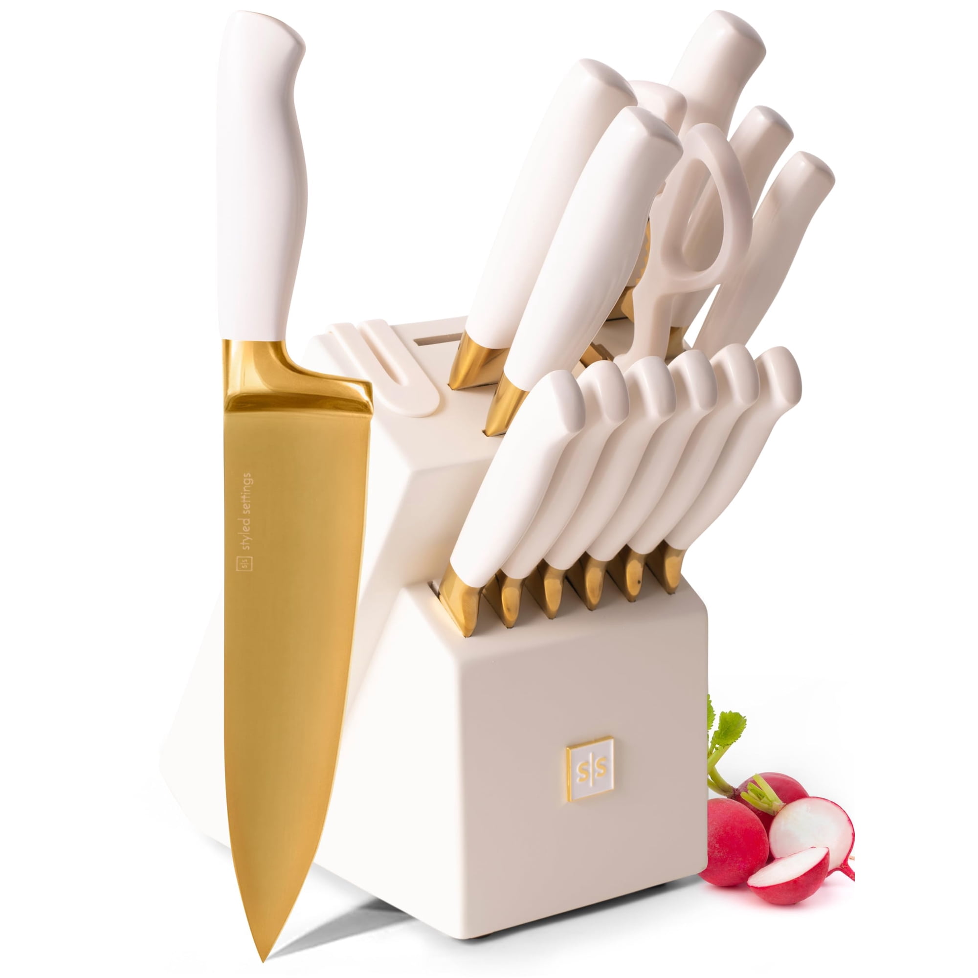 Styled Settings - Juego De Cuchillos Con Forma De Engastes Blancos Y Dorados, 14 Piezas Con Bloque