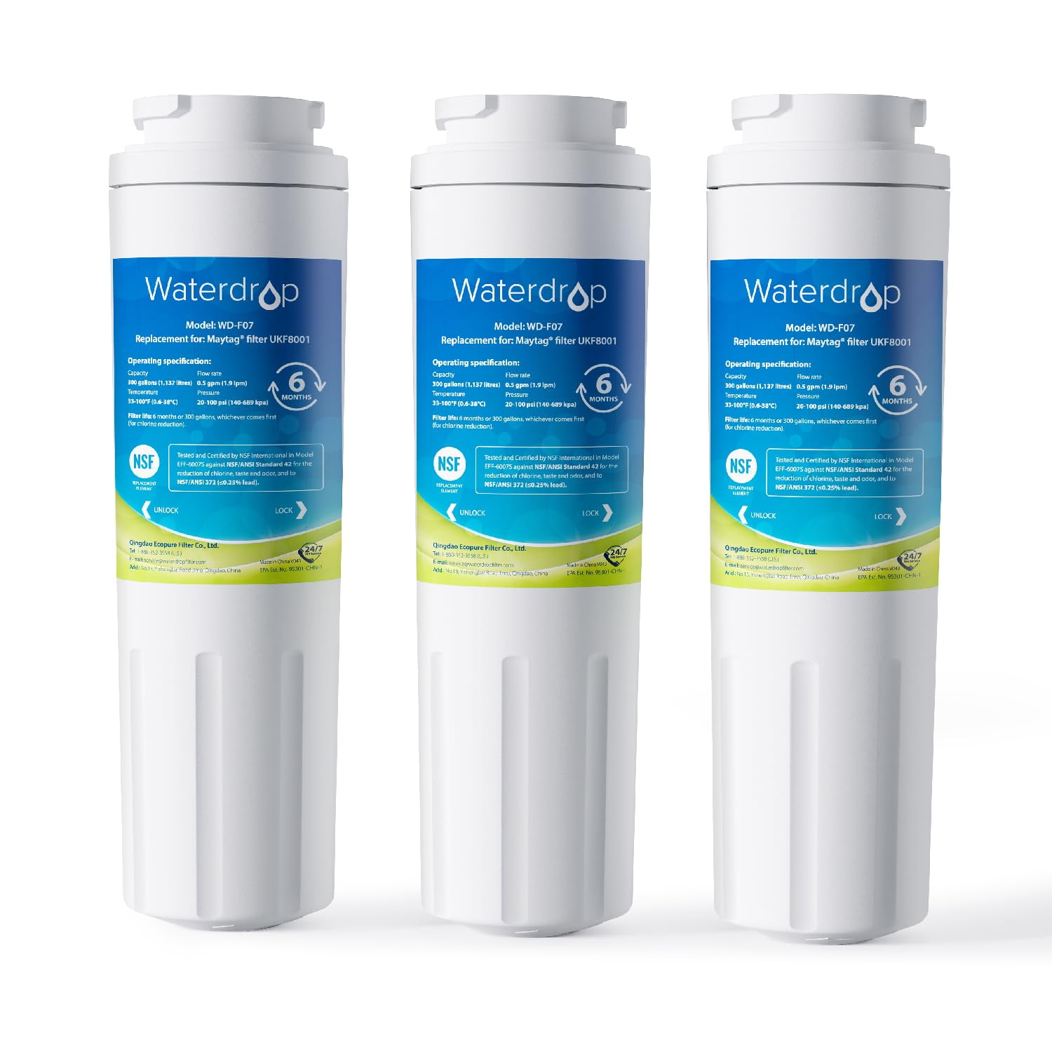 Filtro De Agua Para Refrigerador Waterdrop Edr4rxd1 Para Everydrop® Filter 4, Whirlpool® Ukf8001, 4396395, Maytag® Ukf8001axx-200, Ukf8001axx-750, Wd-f07 (3 Filtros)