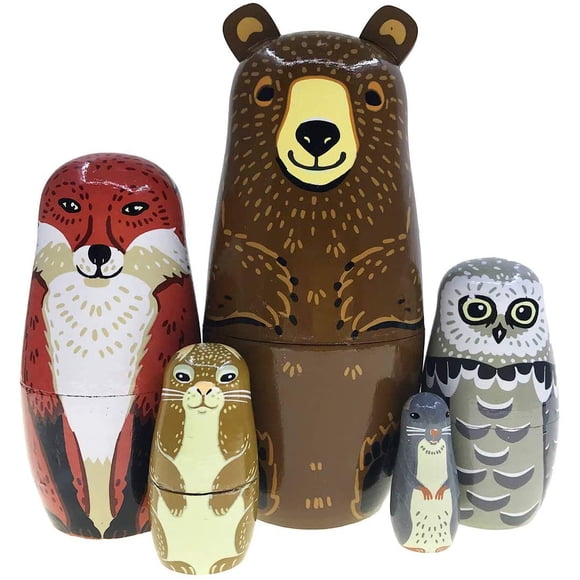 Muñecas rusas anidadas Kakeah marrón con diseño de búho, oso, zorro y mapache x5 para niños