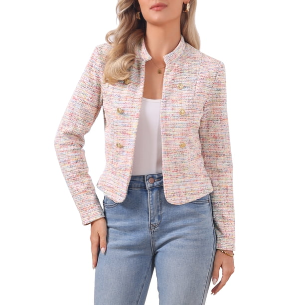 INSPIRE CHIC Chaqueta de Tweed para Mujer con Cuello Mao, Abierta al Frente, Talla XL Multicolor