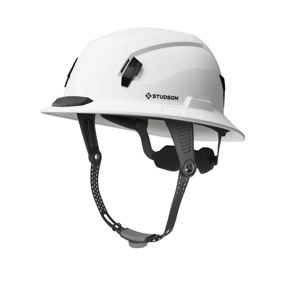 STUDSON SHK-1 Casco de Seguridad Full Brim con Barra Alta Clase E sin ventilación | ANSI Z89.1 Tipo I y Tipo II | Resistente a 20.000 V | Protección Koroyd | Correa de barbilla Highbar - Blanco