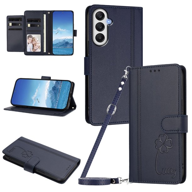 Funda Cartera Trébol para Samsung Galaxy A05s con Ranuras Tarjetas y Carga Inalámbrica Azul oscuro