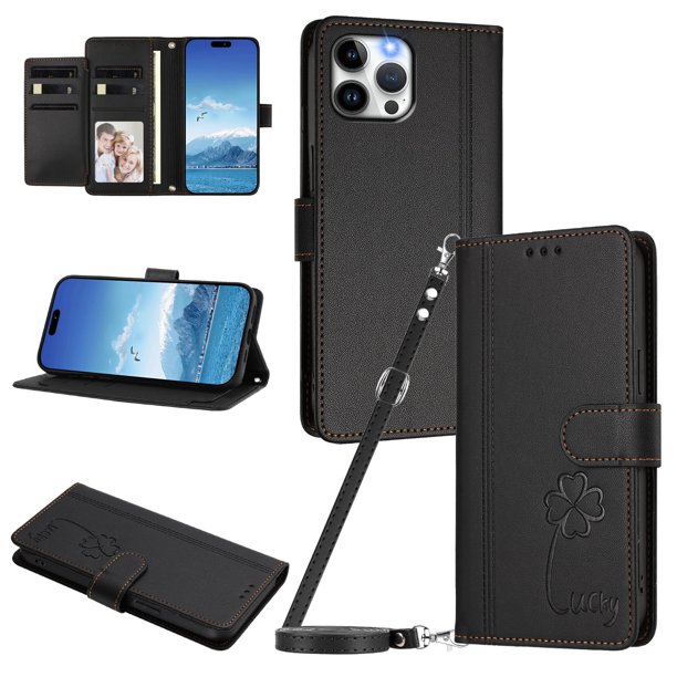 Funda Cartera Trébol para iPhone 12 Pro Max con Ranuras Tarjetas y Carga Inalámbrica Negro