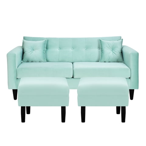 Bodevir - Sofa New Retro 3C + 2 Pouf Felpa 00 Verde Agua