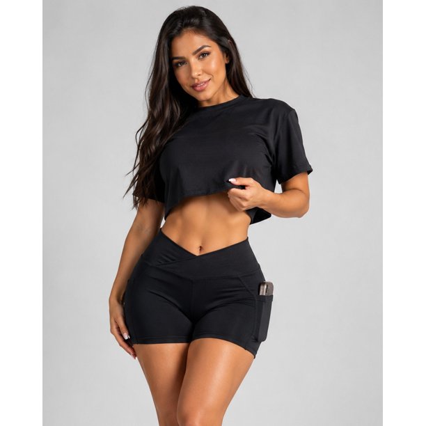 Conjunto Deportivo Mujer Short Pretina Cruzada Y Polera Crop