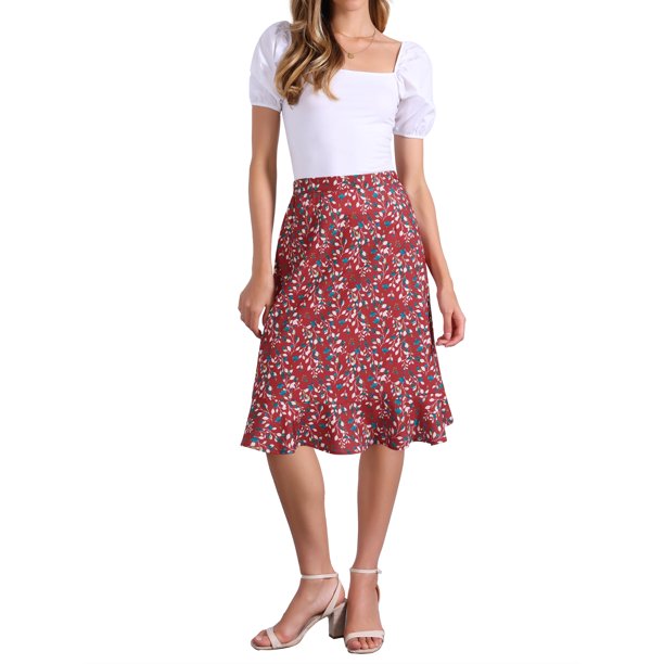 INSPIRE CHIC Falda Midi Floral de Cintura Alta con Línea A Flowy de Longitud a la Rodilla para Mujer, Regreso a Clases, Rojo Oscuro XL