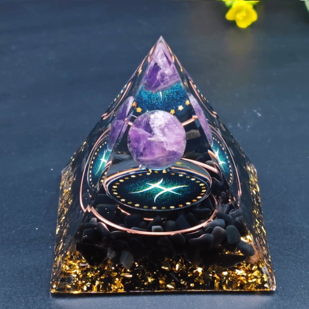 1pc Twelve Constellations Orgone Pyramid Taurus/Scorpio/Leo/Pisces/Cancer/Virgo/Libra/Aries/Gemini/Aquarius Amethyst Peridot Healing Crystal Energy Orgonite Pyramide Meditation Tool Quartz Home Decor