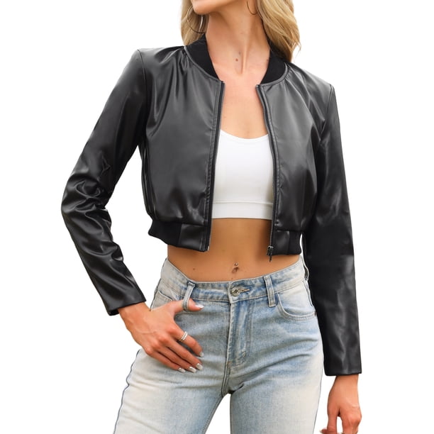 INSPIRE CHIC Chaqueta Bomber para Mujer Chaquetas de Cuero Sintético Recortadas Casual con Cremallera PU Moto Bike Exterior XS Negro
