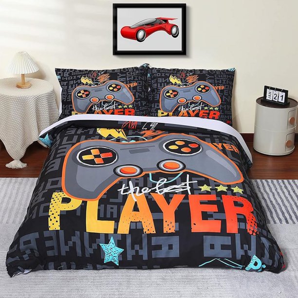 Boys -Gamer- Duve-t Cover- Set 3 Pieces T-win G-ame Pl-ayer W-hite Bedd-ing Sets- with 1- Duvet- Cover 2 Pillowcases