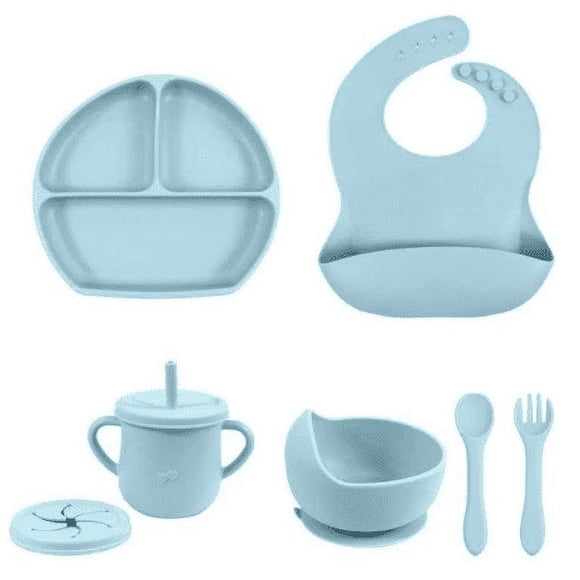Set Comida Bebé Silicona Babero Tenedor Cuchara Vaso 6 Piezas