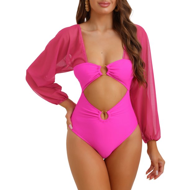 INSPIRE CHIC Monokini de Manga Larga con Recortes para Mujer, Escote en V, Panel de Malla, Control de Abdomen y Pierna Alta para Playa, Rojo Rosado, Pequeño