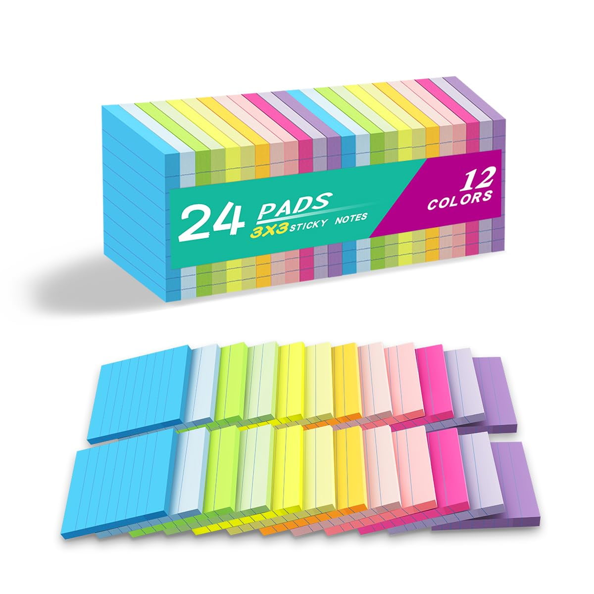 (paquete De 24) Notas Adhesivas Rayadas De 7,6 X 7,6 Cm Kozerite, Colores Brillantes